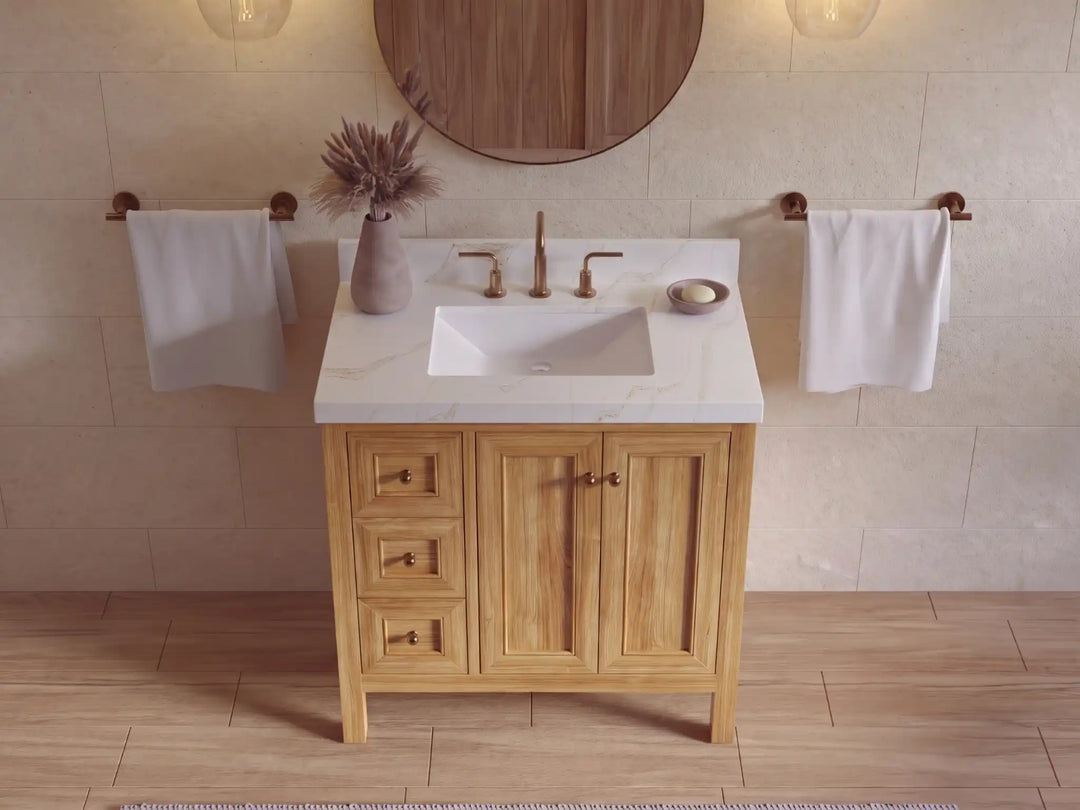 Nashville Teak Wood 36 in. W x 22 in. D Center Sink Bathroom Vanity | 
              
                Light Natural Teak
                
                  
             - NAS_TK_LNT_WHQZ_36CR - photo №10