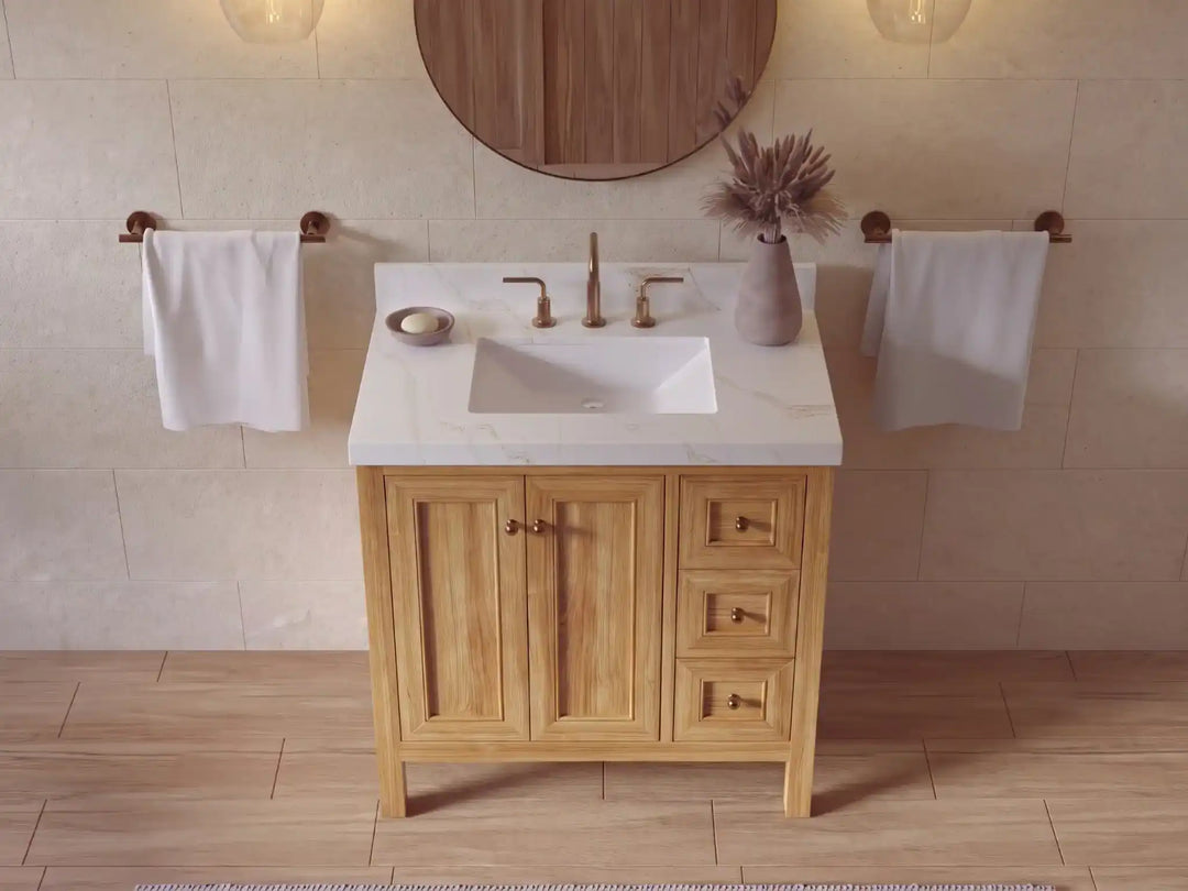 Nashville Teak Wood 36 in. W x 22 in. D Center Sink Bathroom Vanity | 
              
                Light Natural Teak
                
                  
             - NAS_TK_LNT_WHQZ_36CL - photo №17