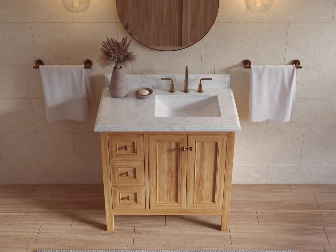 Nashville Teak Wood 36 in. W x 22 in. D Right Offset Sink Bathroom Vanity | 
              
                Light Natural Teak
                
                  
             - NAS_TK_LNT_WHQZ_36R - photo №40