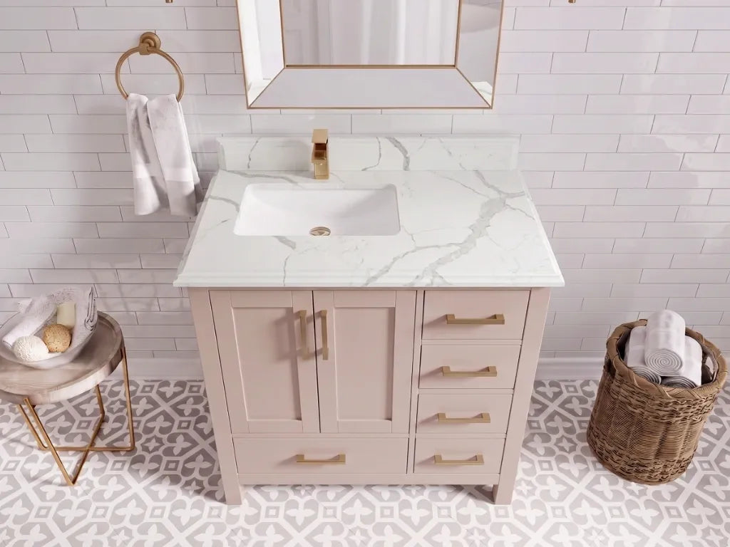 Malibu 36 in. W x 22 in. D Left Offset Sink Bathroom Vanity | 
              
                Pink
                
                  
             - MLB_PNK_WHQZ_36L - photo №14