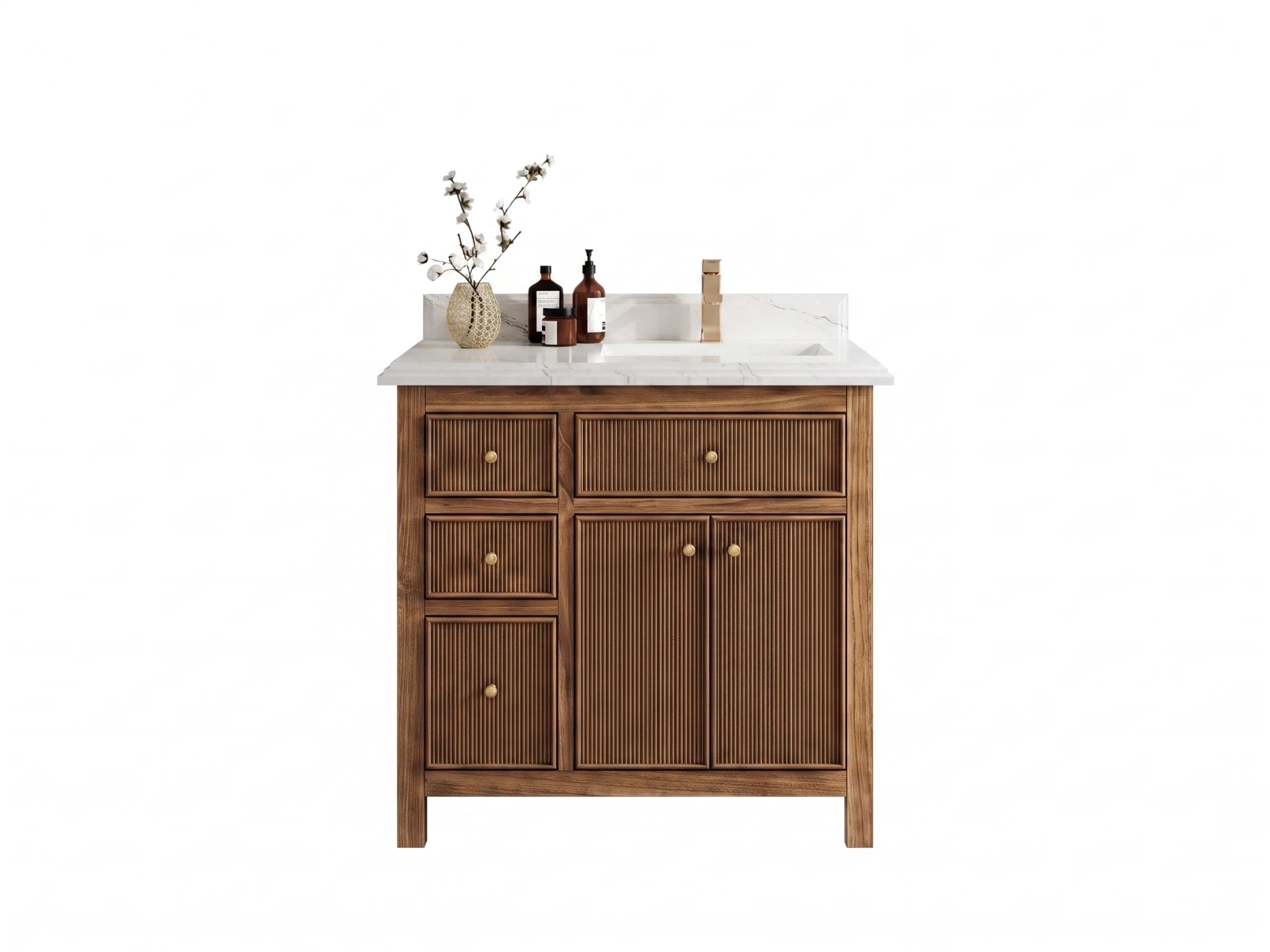 Sonoma Reeded Teak Wood 36 in. W x 22 in. D Right Offset Sink Bathroom Vanity