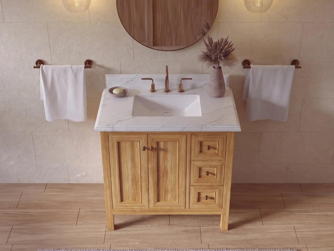 Nashville Teak Wood 36 in. W x 22 in. D Center Sink Bathroom Vanity | 
              
                Light Natural Teak
                
                  
             - NAS_TK_LNT_WHQZ_36CL - photo №3
