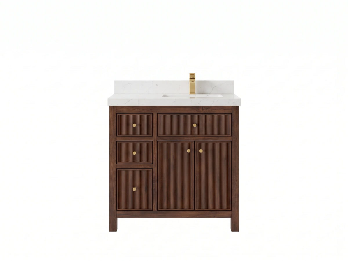 Sonoma Reeded Teak Wood 36 in. W x 22 in. D Right Offset Sink Bathroom Vanity