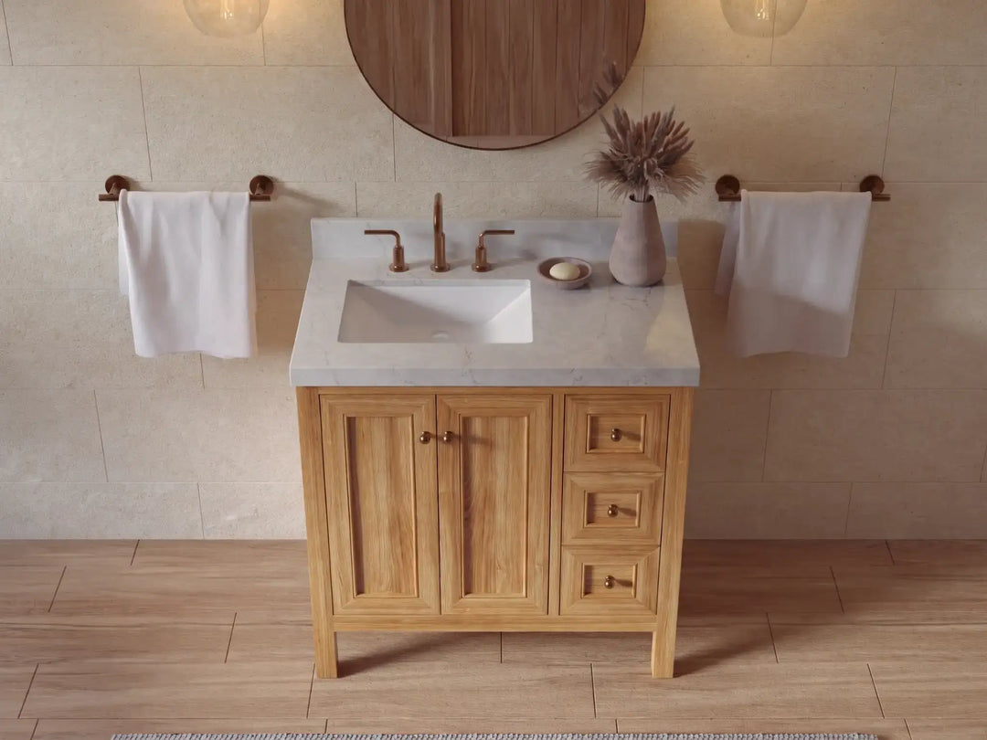 Nashville Teak Wood 36 in. W x 22 in. D Left Offset Sink Bathroom Vanity | 
              
                Light Natural Teak
                
                  
             - NAS_TK_LNT_WHQZ_36L - photo №19