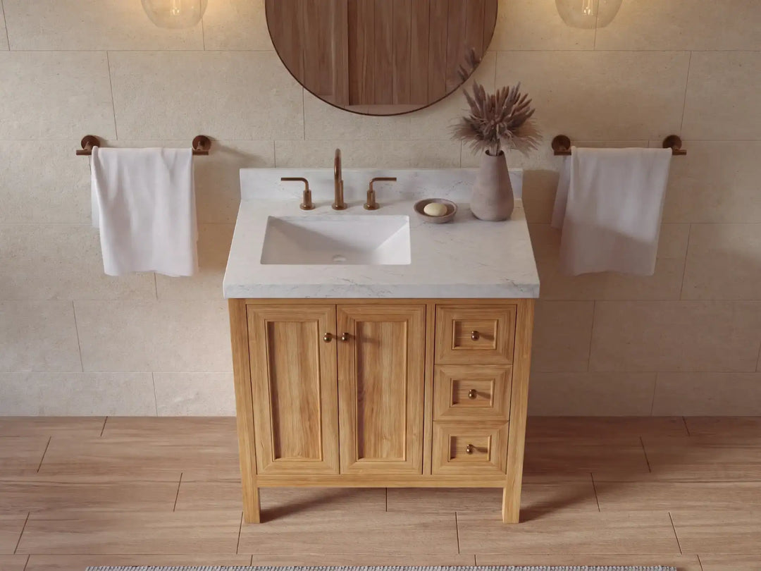Nashville Teak Wood 36 in. W x 22 in. D Left Offset Sink Bathroom Vanity | 
              
                Light Natural Teak
                
                  
             - NAS_TK_LNT_WHQZ_36L - photo №30