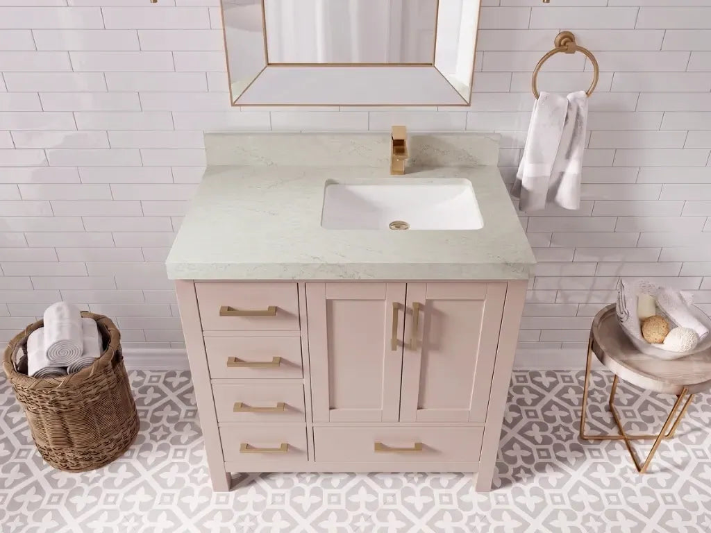 Malibu 36 in. W x 22 in. D Right Offset Sink Bathroom Vanity | 
              
                Pink
                
                  
             - MLB_PNK_WHQZ_36R - photo №20