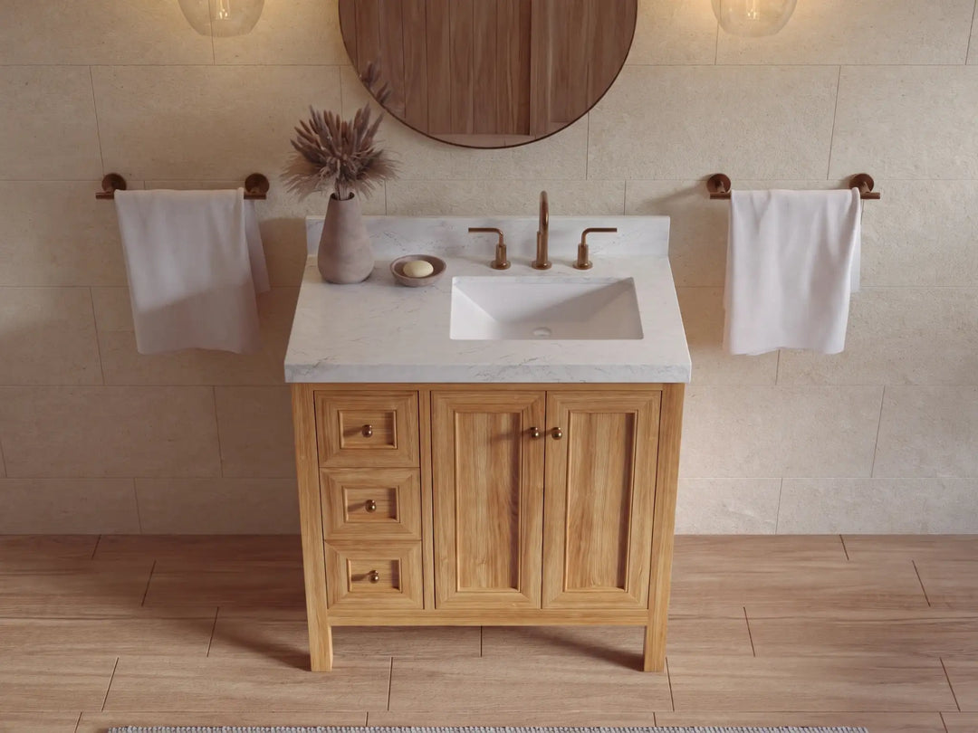 Nashville Teak Wood 36 in. W x 22 in. D Right Offset Sink Bathroom Vanity | 
              
                Light Natural Teak
                
                  
             - NAS_TK_LNT_WHQZ_36R - photo №30