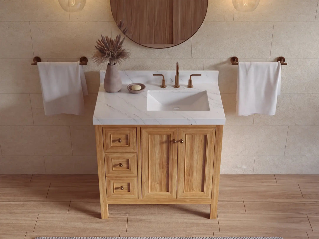 Nashville Teak Wood 36 in. W x 22 in. D Right Offset Sink Bathroom Vanity | 
              
                Light Natural Teak
                
                  
             - NAS_TK_LNT_WHQZ_36R - photo №21