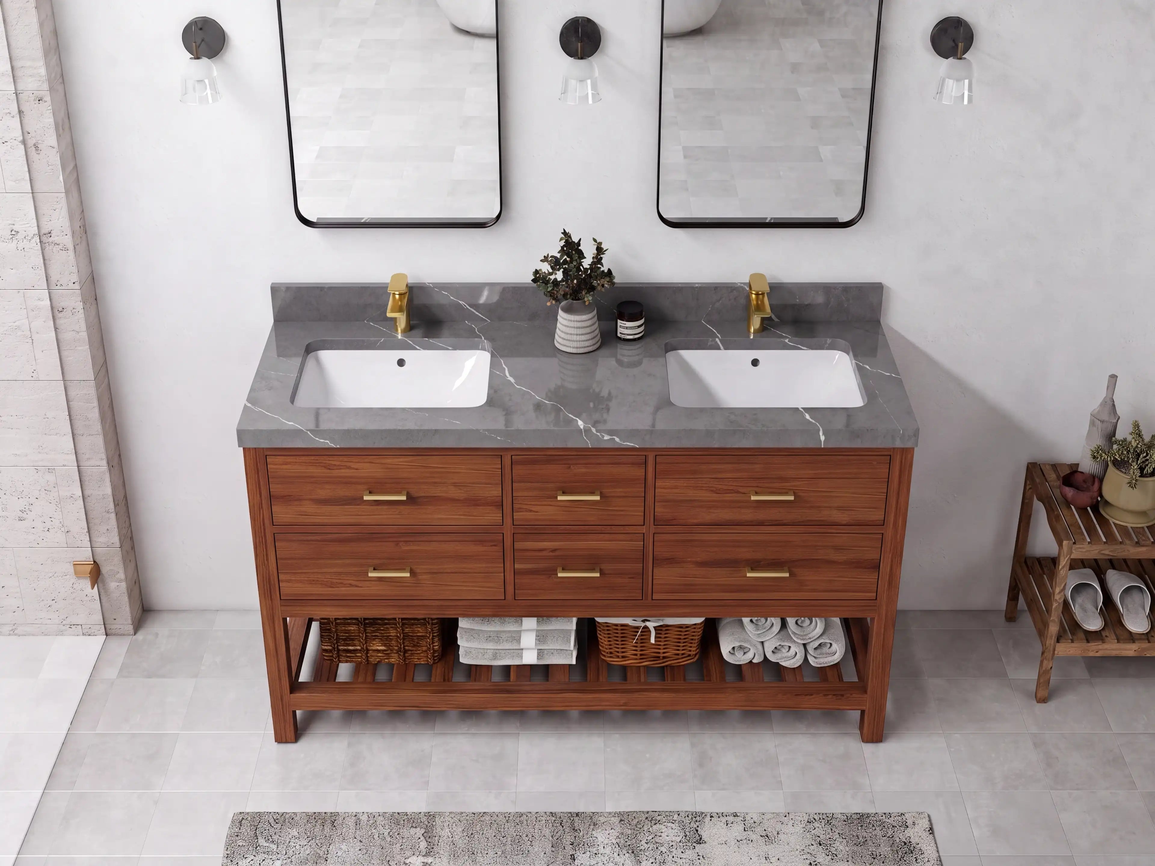 Parker Teak Wood 60 in. W x 22 in. D Double Sink Bathroom Vanity