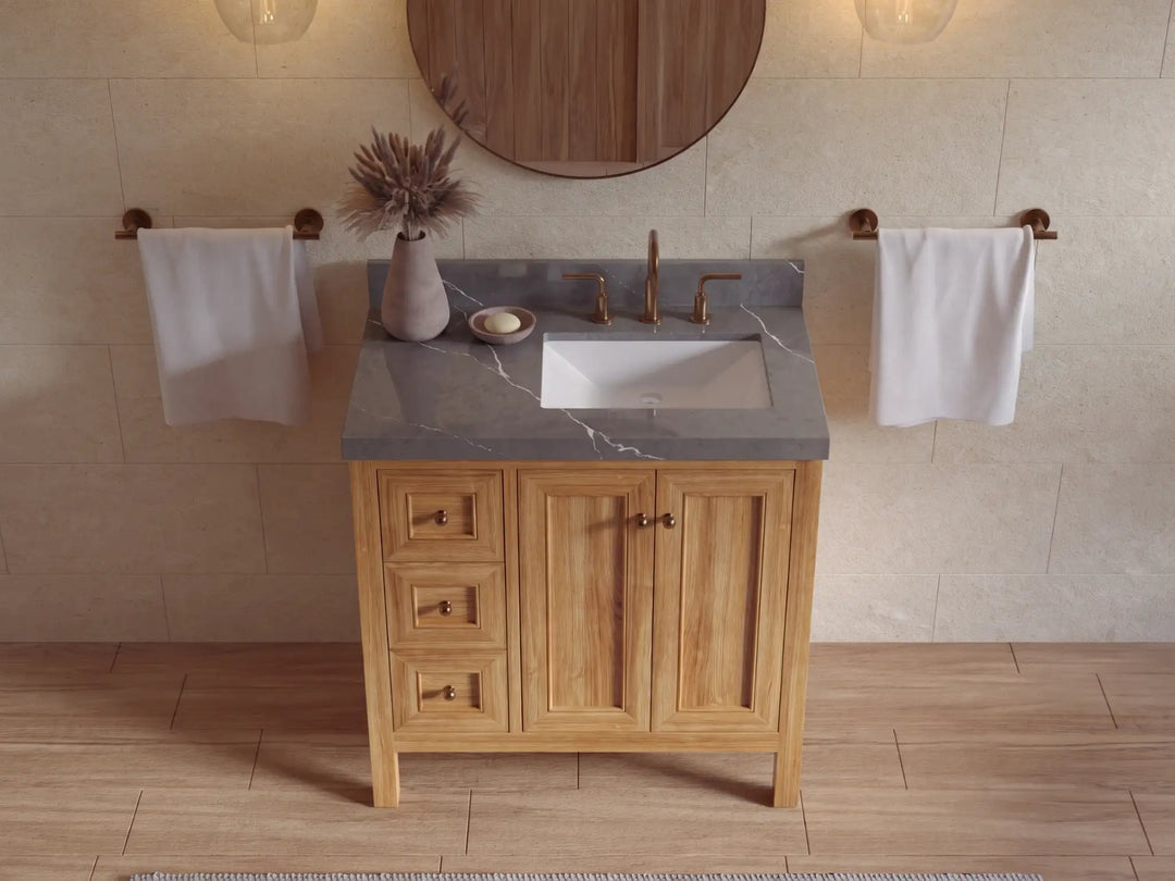 Nashville Teak Wood 36 in. W x 22 in. D Right Offset Sink Bathroom Vanity | 
              
                Light Natural Teak
                
                  
             - NAS_TK_LNT_WHQZ_36R - photo №22