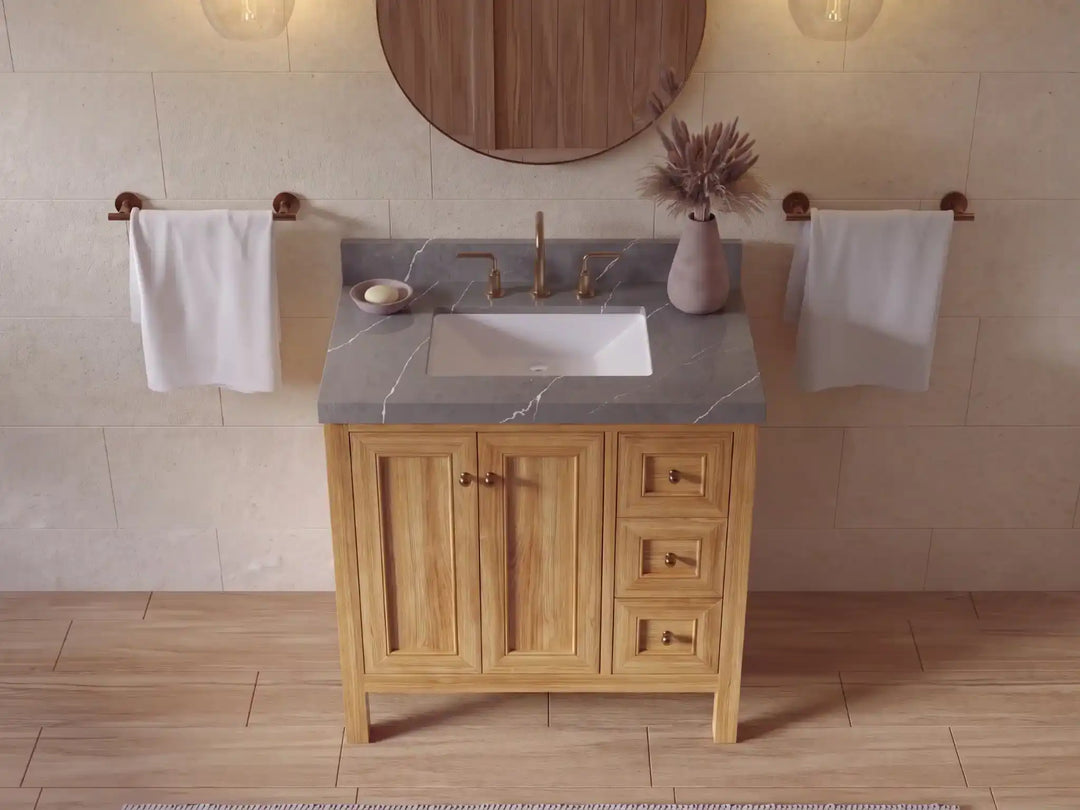 Nashville Teak Wood 36 in. W x 22 in. D Center Sink Bathroom Vanity | 
              
                Light Natural Teak
                
                  
             - NAS_TK_LNT_WHQZ_36CL - photo №29
