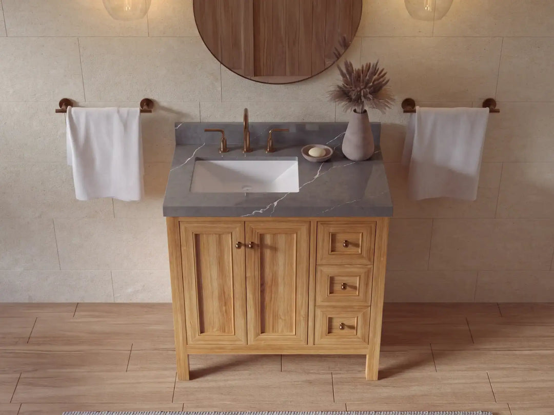 Nashville Teak Wood 36 in. W x 22 in. D Left Offset Sink Bathroom Vanity | 
              
                Light Natural Teak
                
                  
             - NAS_TK_LNT_WHQZ_36L - photo №22