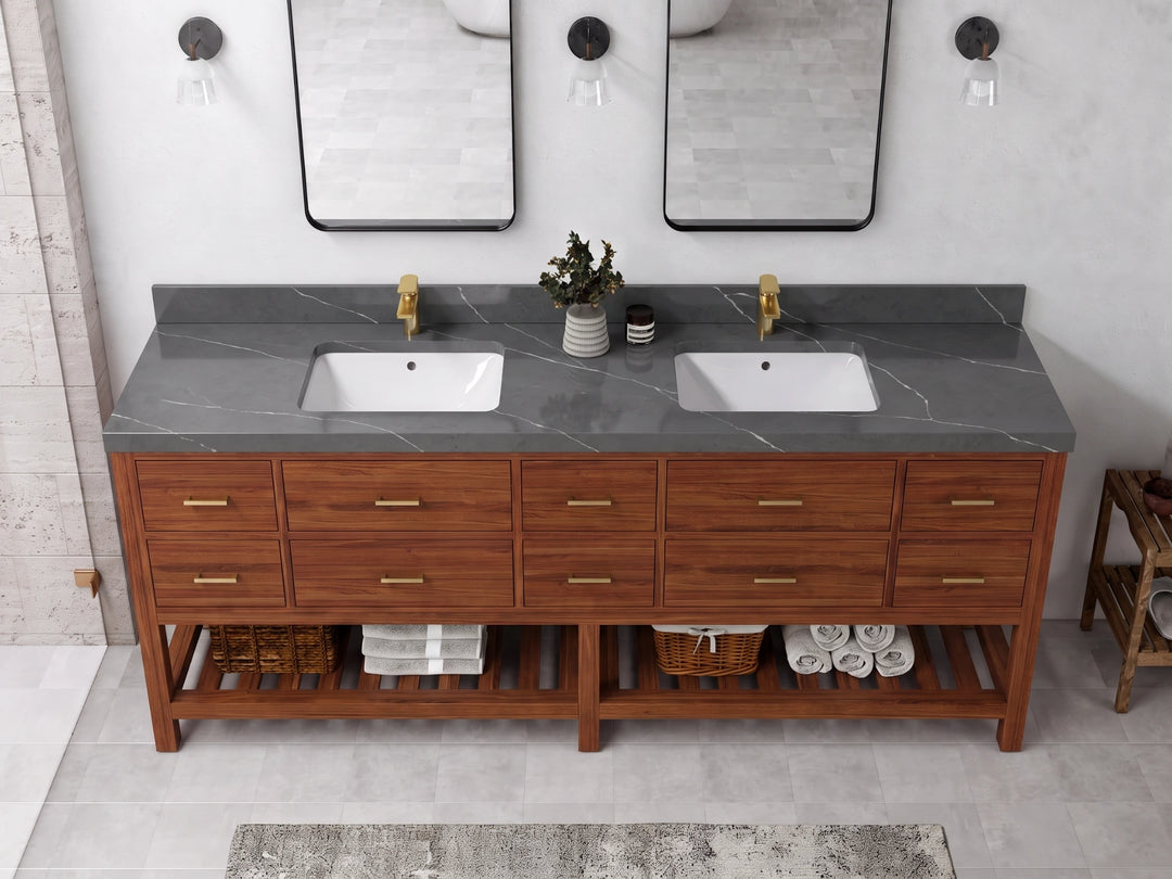 Parker Teak Wood 84 in. W x 22 in. D Double Sink Bathroom Vanity | 
              
                Dark Natural Teak
                
                  
             - PRK_TK_DNT_WHQZ_RT84 - photo №16