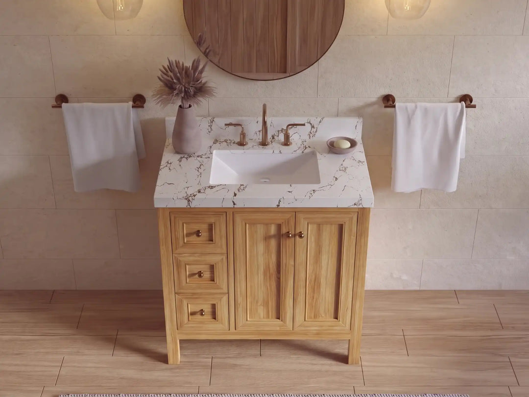 Nashville Teak Wood 36 in. W x 22 in. D Center Sink Bathroom Vanity | 
              
                Light Natural Teak
                
                  
             - NAS_TK_LNT_WHQZ_36CR - photo №18