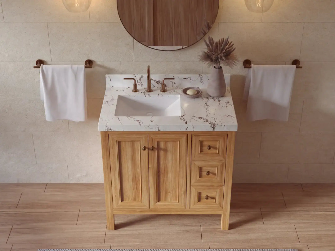 Nashville Teak Wood 36 in. W x 22 in. D Left Offset Sink Bathroom Vanity | 
              
                Light Natural Teak
                
                  
             - NAS_TK_LNT_WHQZ_36L - photo №24