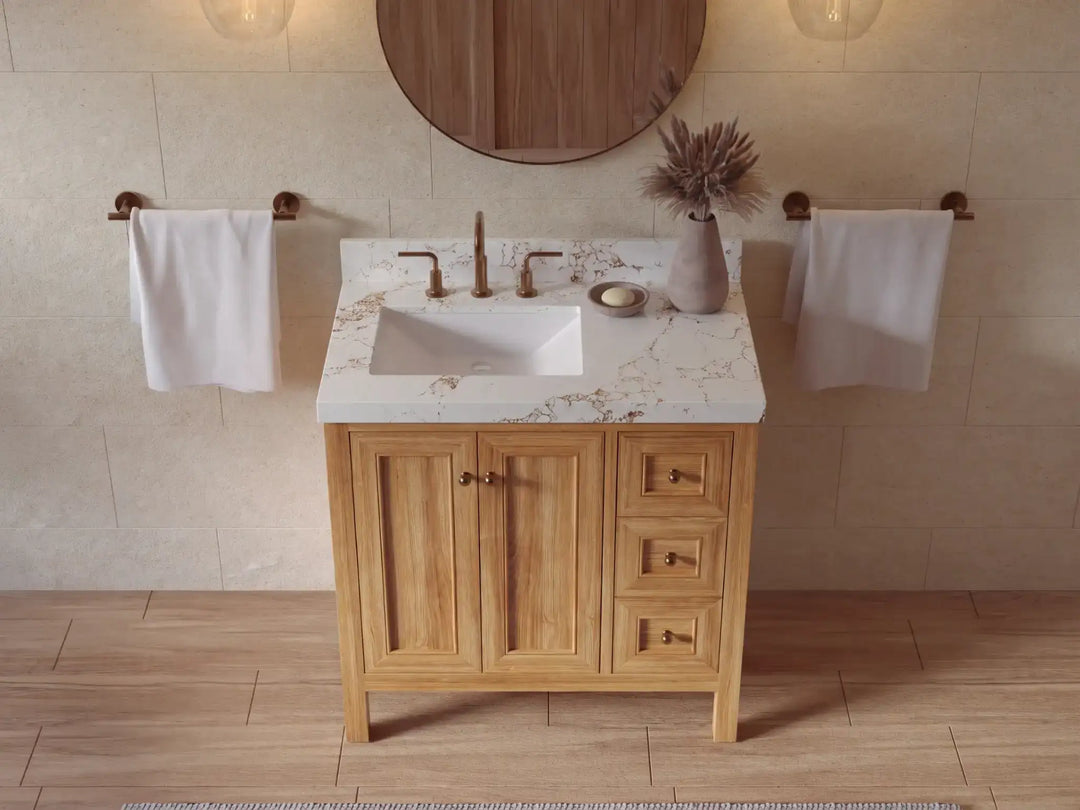 Nashville Teak Wood 36 in. W x 22 in. D Left Offset Sink Bathroom Vanity | 
              
                Light Natural Teak
                
                  
             - NAS_TK_LNT_WHQZ_36L - photo №25