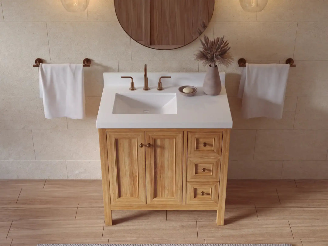 Nashville Teak Wood 36 in. W x 22 in. D Left Offset Sink Bathroom Vanity | 
              
                Light Natural Teak
                
                  
             - NAS_TK_LNT_WHQZ_36L - photo №28