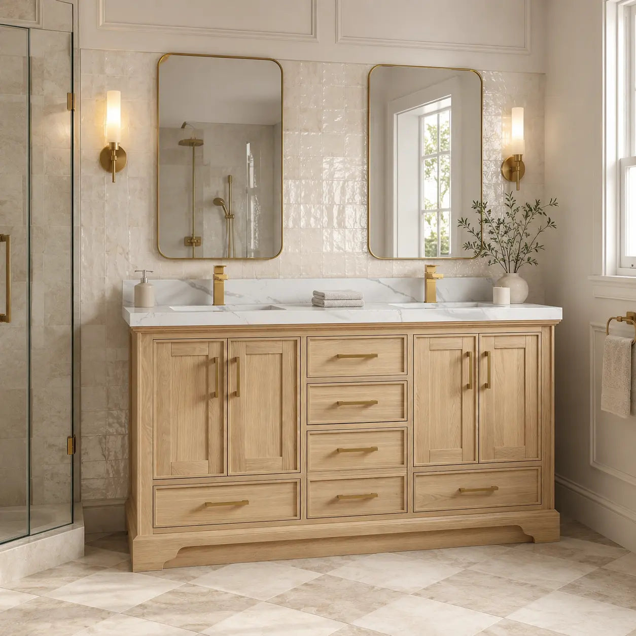 Charlotte 60-inch white oak double-sink bathroom vanity in an American transitional interior