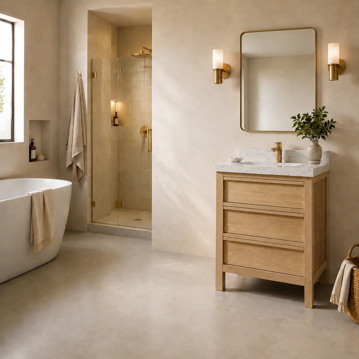 Elizabeth 30-inch white oak bathroom vanity with fluted side panel in a modern American bathroom