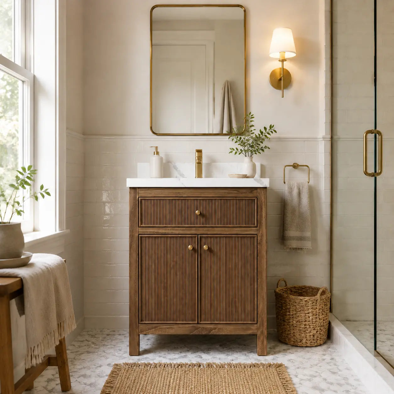 Sonoma 30-inch reeded teak bathroom vanity in a transitional bathroom interior