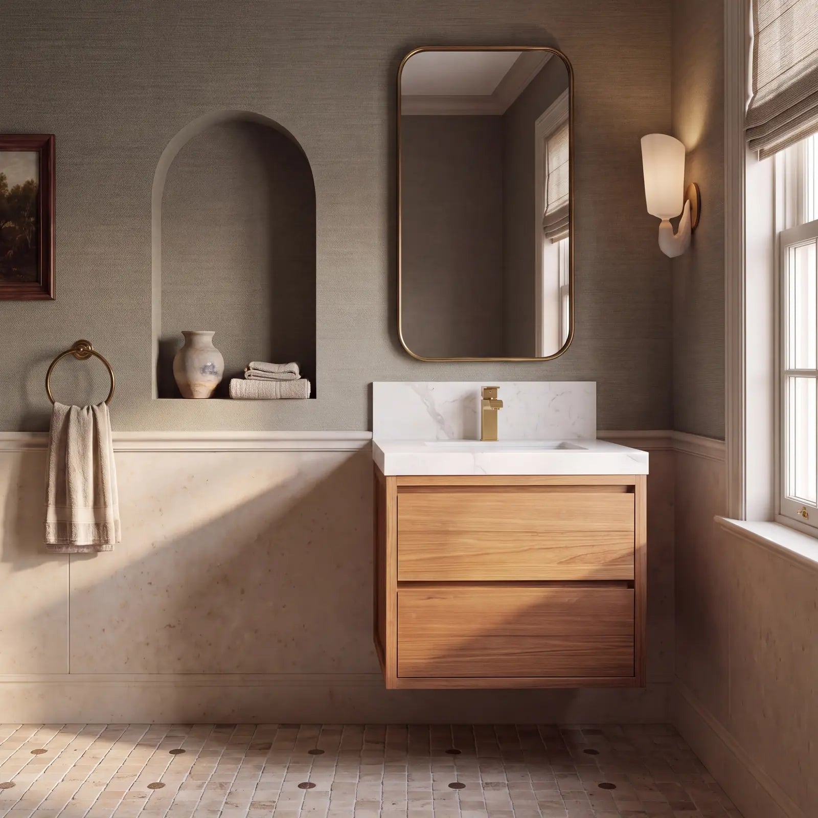 Madison 24 inch Dark Natural Teak floating single sink vanity in an olive grasscloth and warm limestone powder room