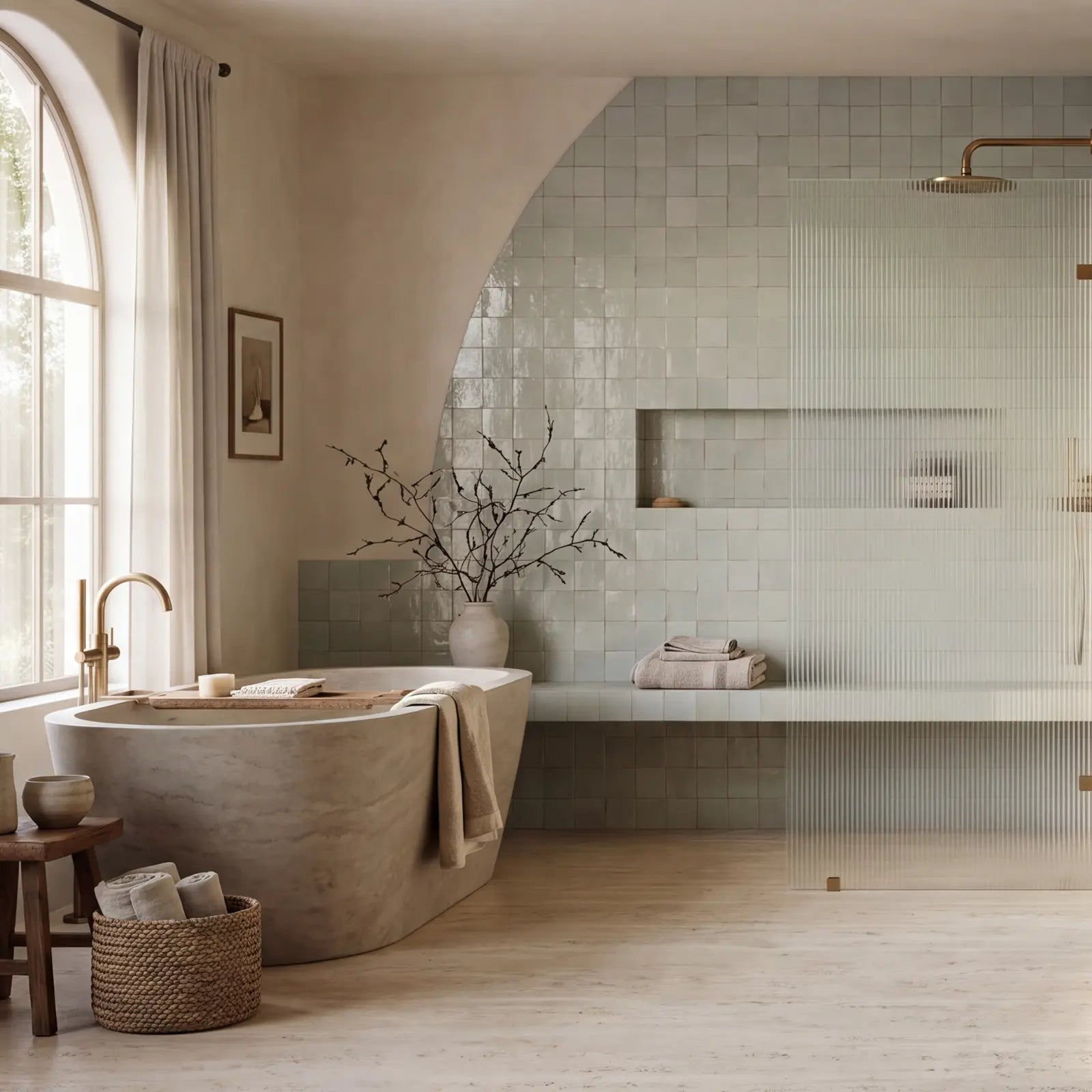 Pale celadon handmade tile, travertine, fluted glass and aged brass selected for a 72-inch primary bathroom