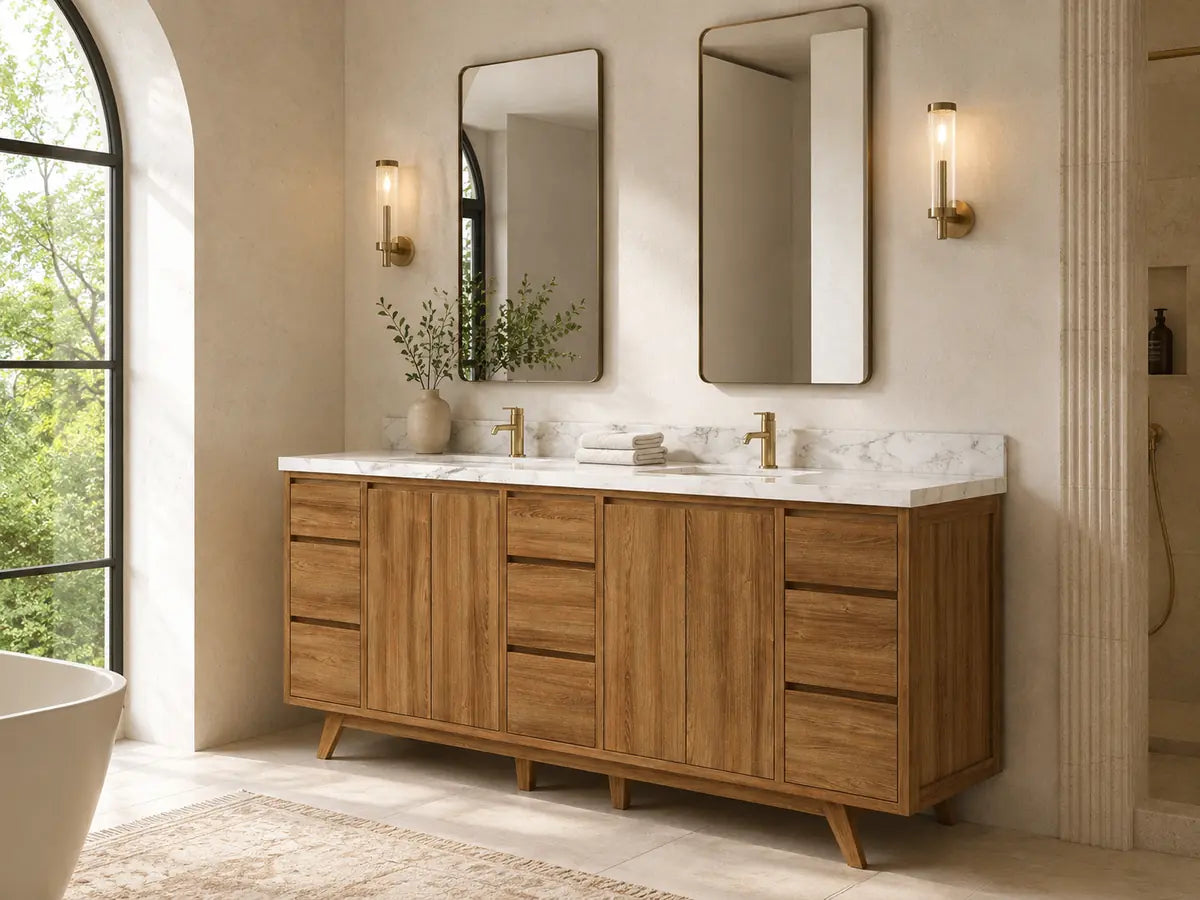 Madison solid teak 80 inch double sink bathroom vanity in a warm organic modern bathroom