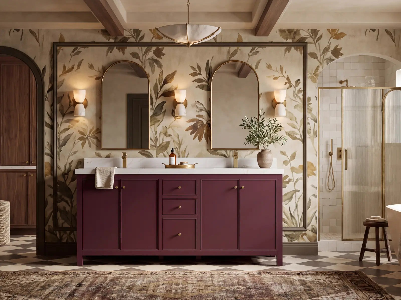Willow Chicago 72 inch Burgundy double sink vanity in a complete Atlanta designer primary bathroom
