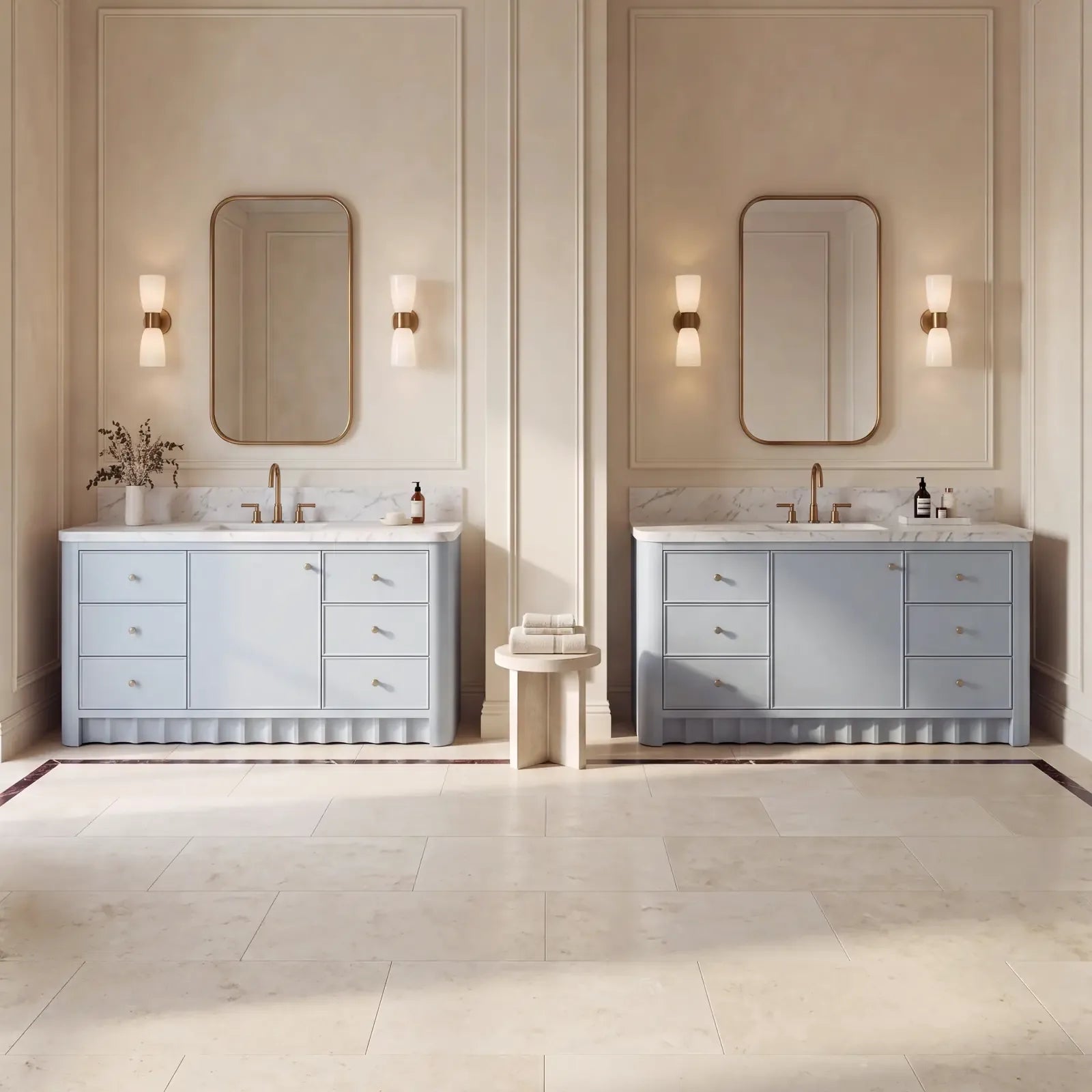 Two Orlando Blue Heather single sink vanities in a grand Parisian primary bathroom