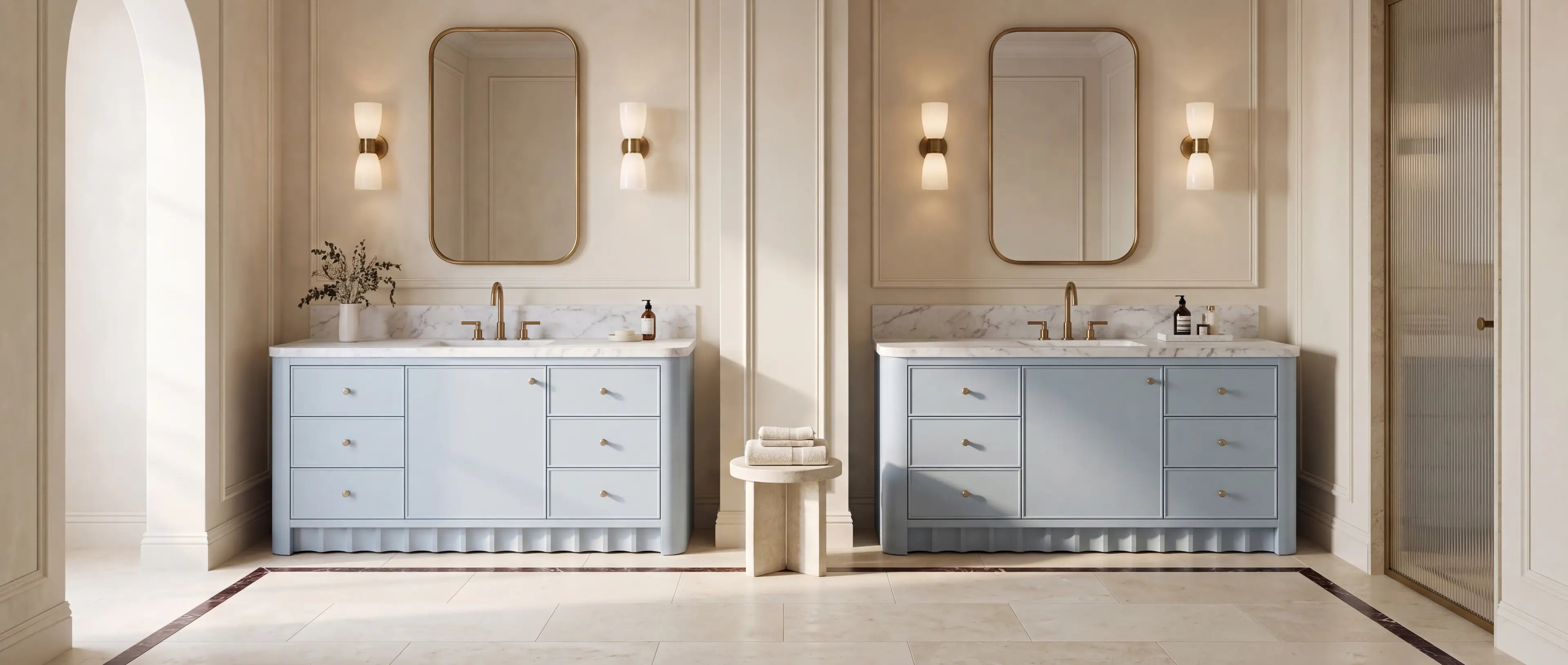 Two Orlando Blue Heather vanities in the Designer Bathroom Favorites collection