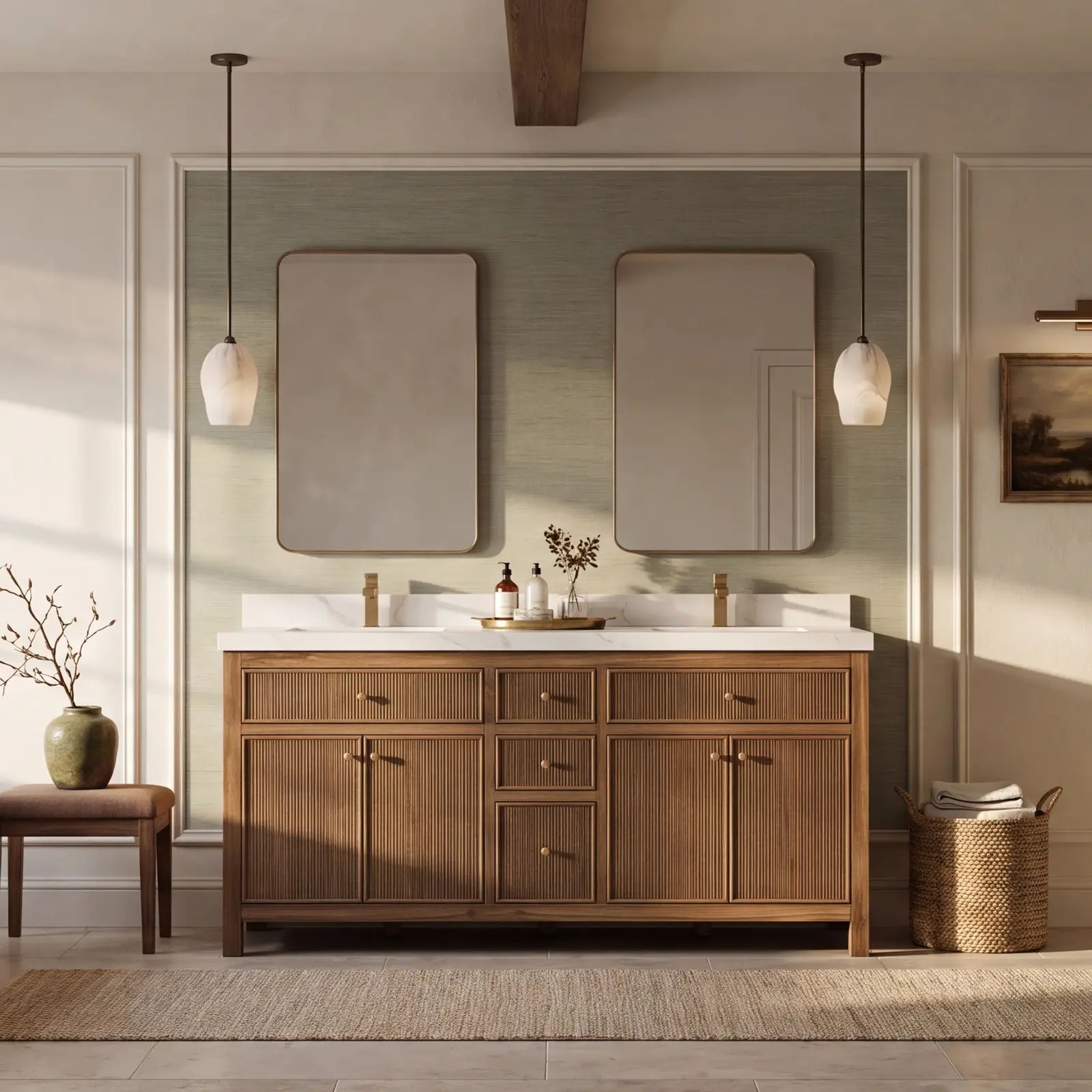 Dark Natural Teak Sonoma vanity, muted sage grasscloth, limestone and alabaster lighting materials