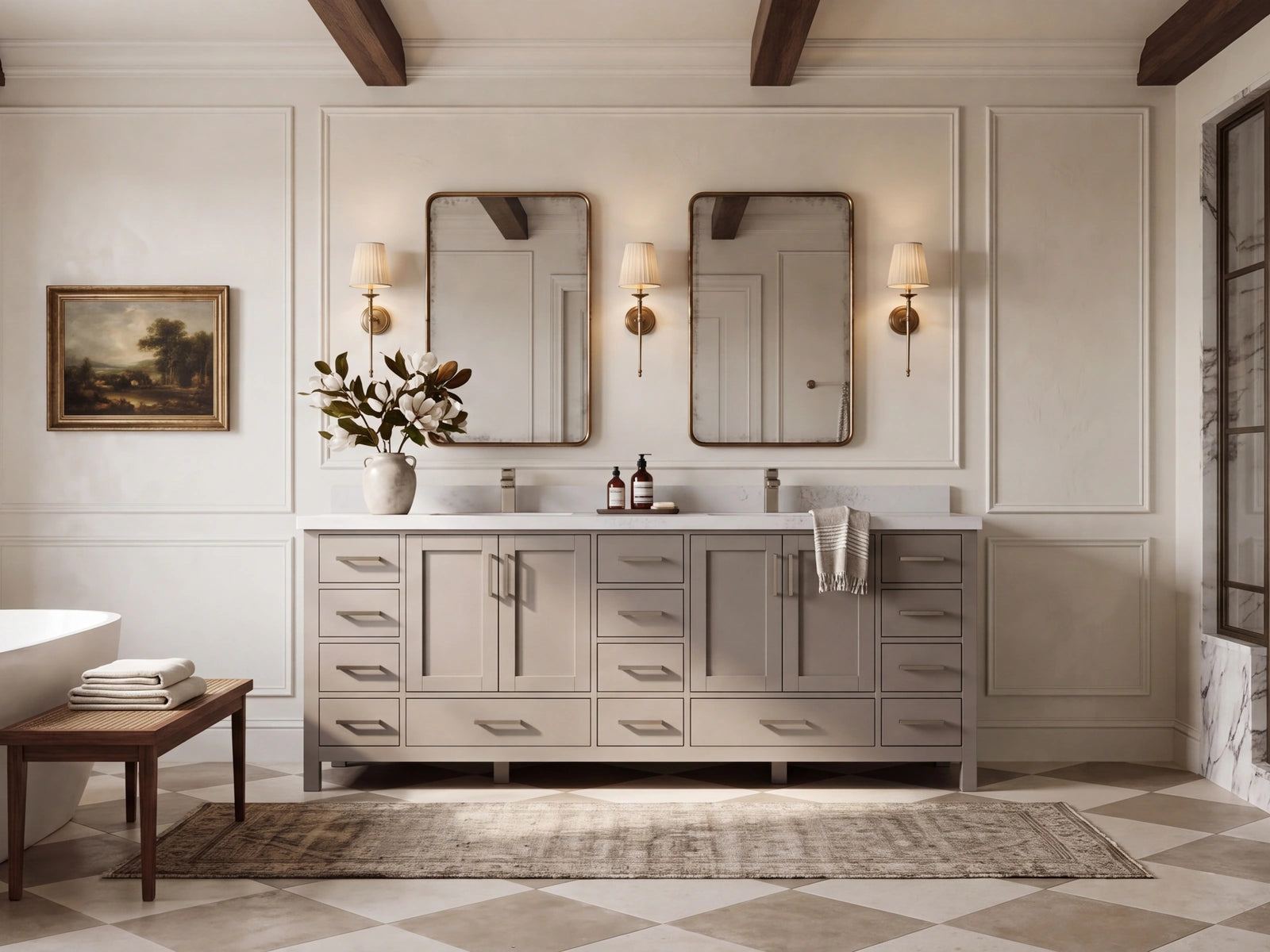Willow Malibu 84 inch Elephant Skin Gray double sink vanity in a complete Buckhead Atlanta designer bathroom