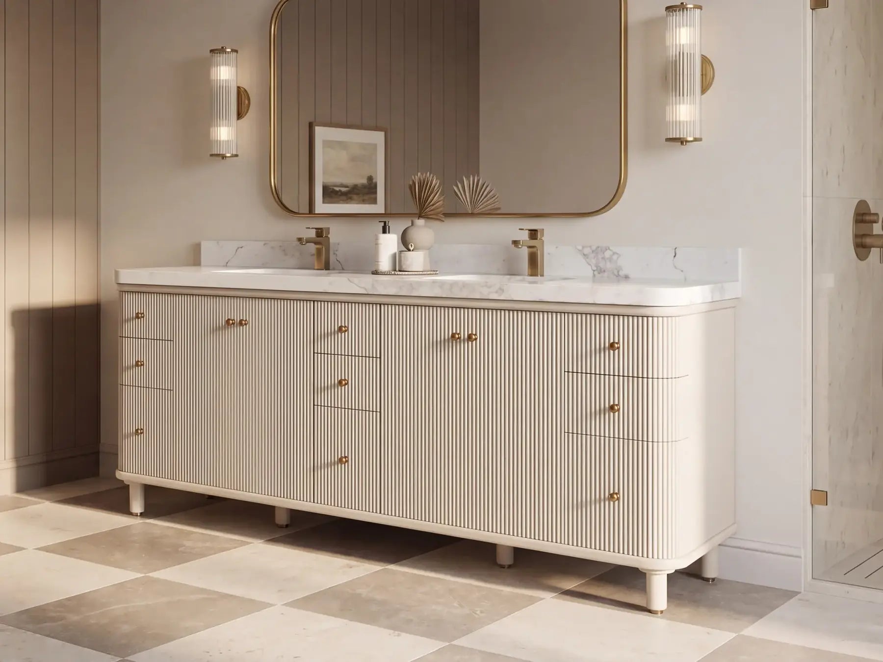 Fine Grain 72 inch reeded linen greige double sink bathroom vanity in a warm transitional home bathroom