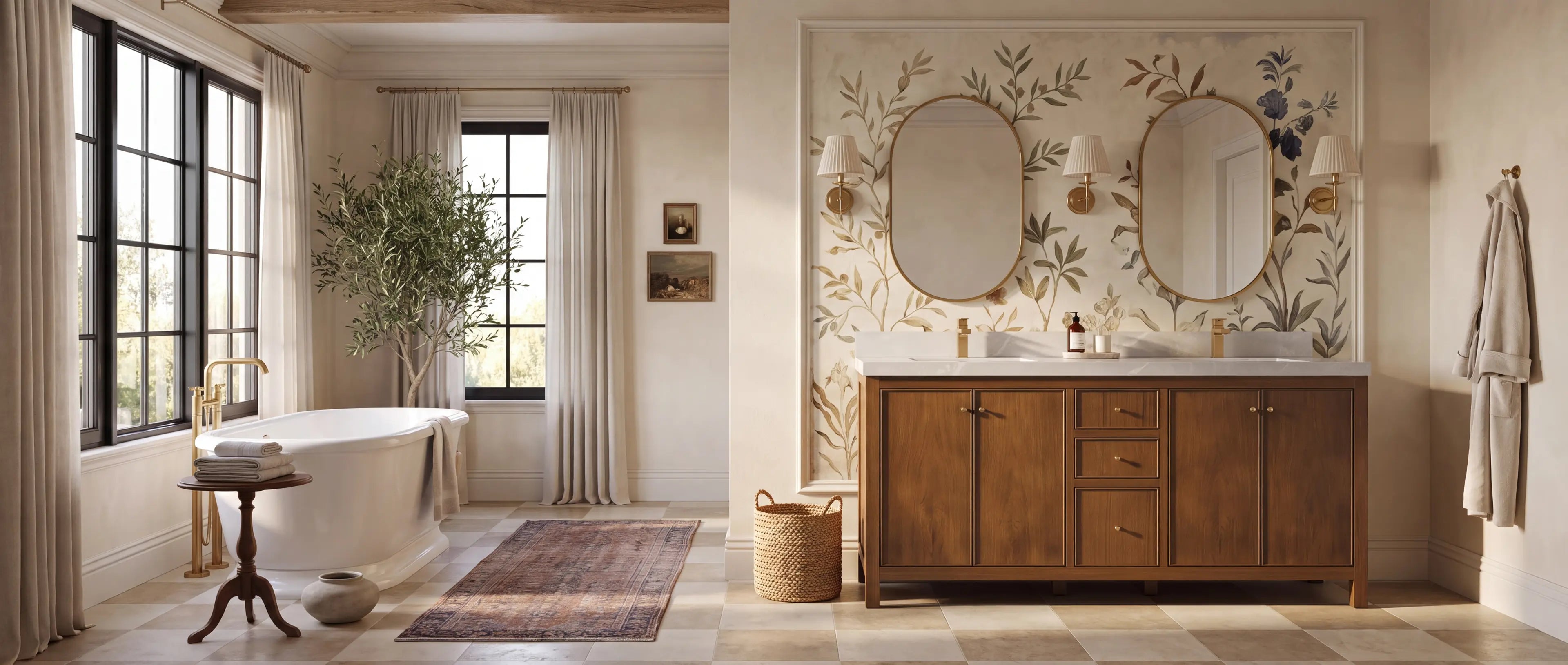 Chicago 72 inch Dark Natural Teak double sink bathroom vanity in a collected Nashville bathroom