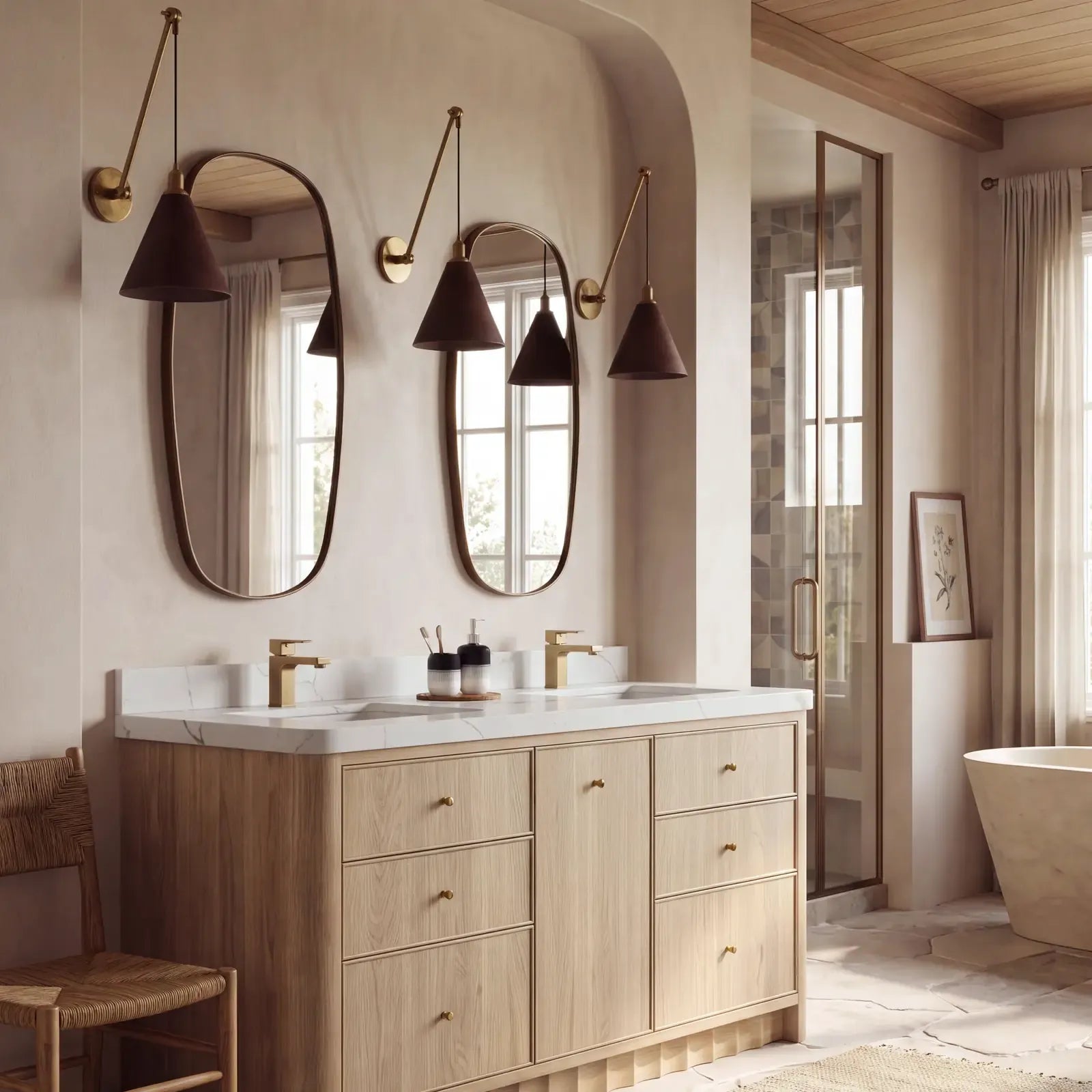 Orlando 72 inch Nordic White Oak double sink vanity in a collected American organic bathroom
