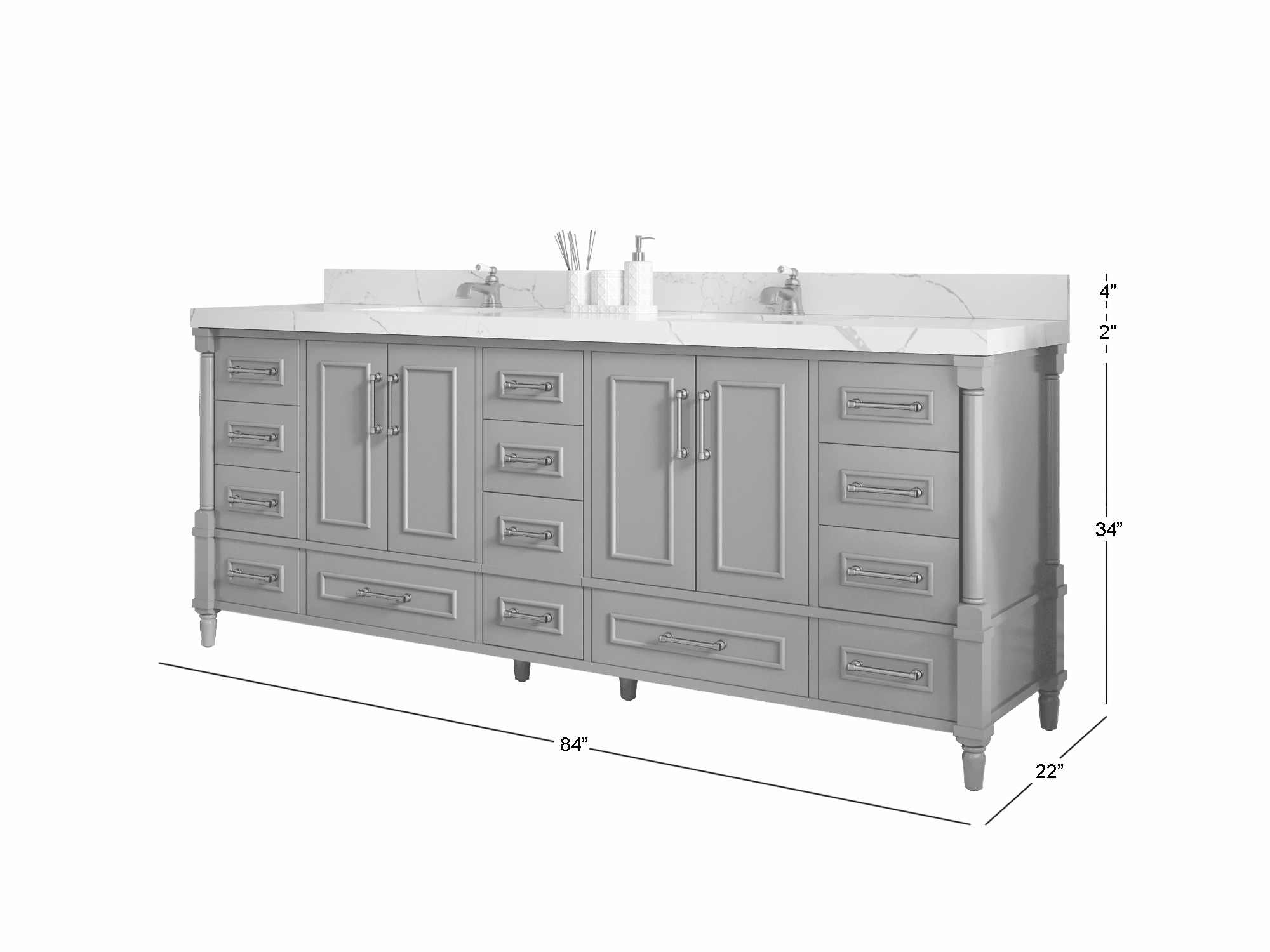 Aberdeen 84 in. W x 22 in. D x 35 in. H Double Bath Vanity in Gray with White Carrara Marble Top with White Sinks