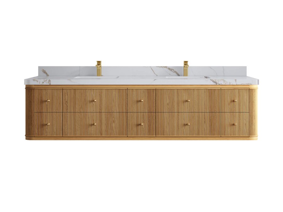 Santa Monica Teak Wood 84 in. W x 22 in. D Double Sink Bathroom Vanity HMP_TK_FLT_DNT_CA_GL_84FAUCET-900x675
