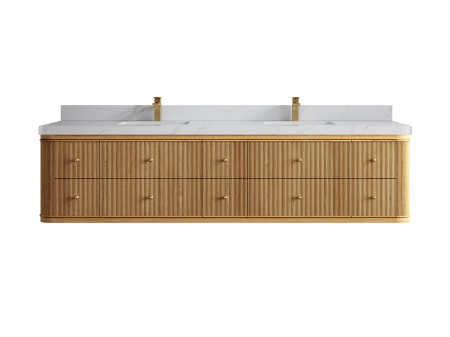 Santa Monica Teak Wood 84 in. W x 22 in. D Double Sink Bathroom Vanity HMP_TK_FLT_DNT_CA_SN_84FAUCET-900x675